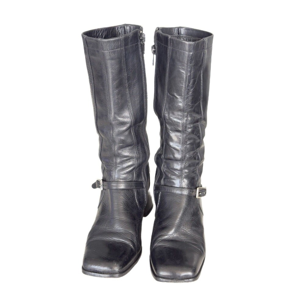 Vintage Charles David Black Leather Mid Calf Boots Women EU 37.5 US 7 Square Toe